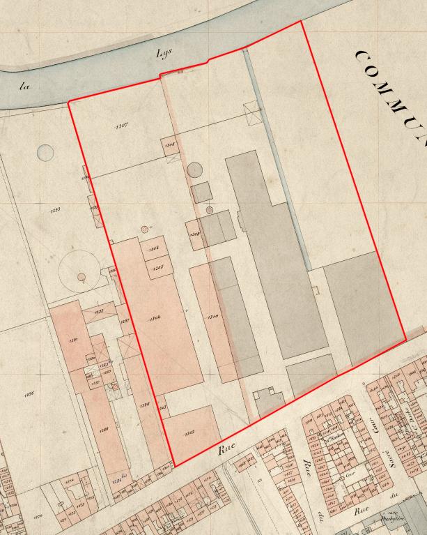 Établissements Mahieu. Extrait de plan cadastra, 1888 (la partie grisée se trouve sur le territoire d'Houplines).