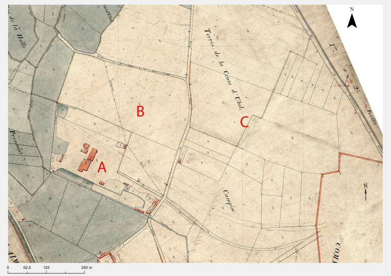 Emplacement des trois sites occupés par l'entreprise depuis 1839 (A) sur un extrait du plan cadastral de 1862 (section B2) (AD Nord ; P31/651).