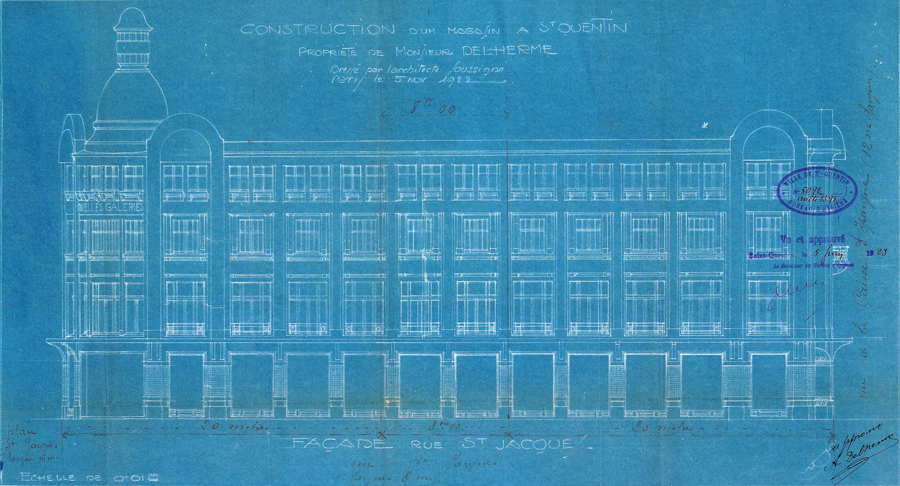 Élévation de la façade est, rue Saint-Jacques, 5 novembre 1922 (Archives municipales de Saint-Quentin).