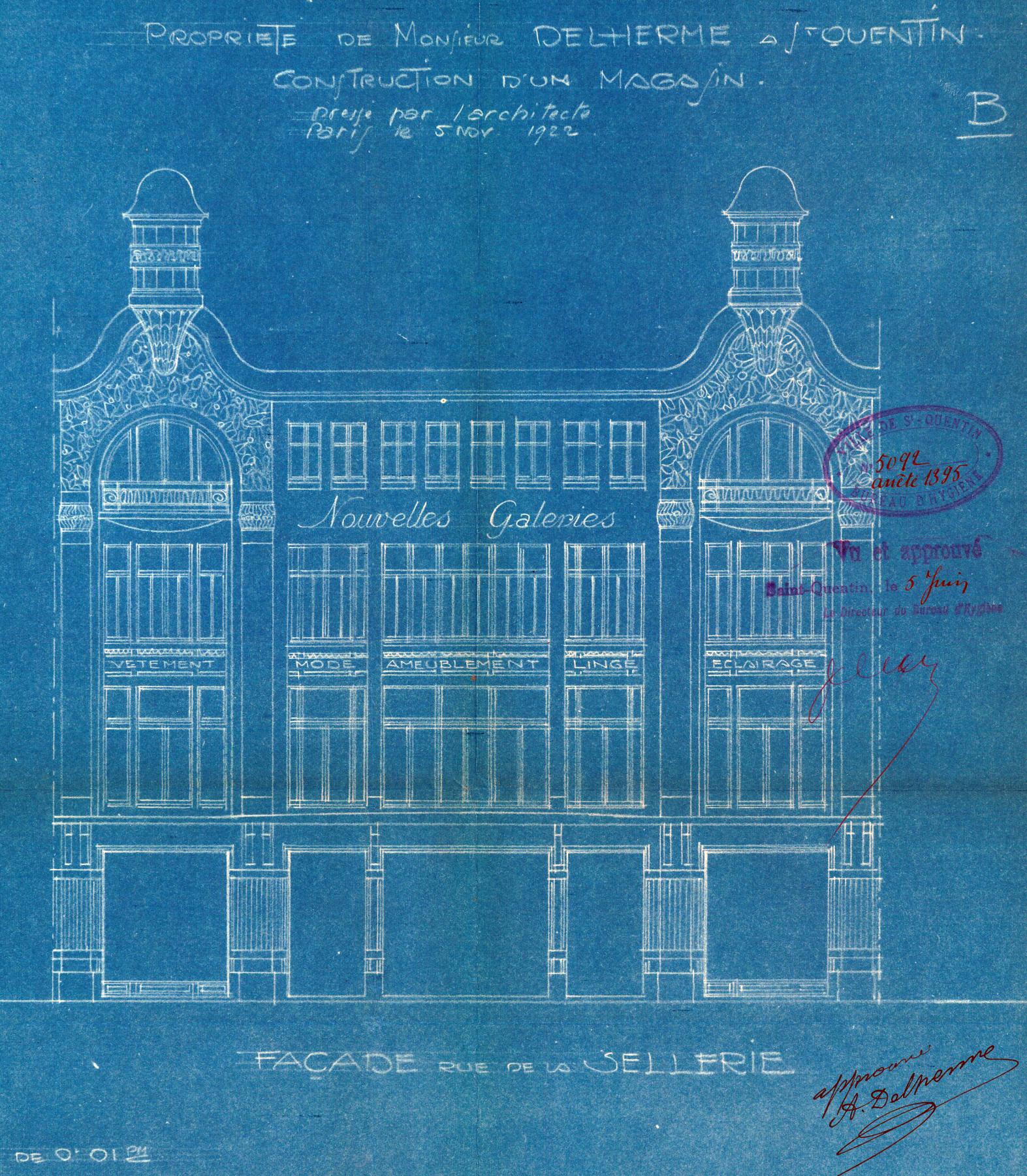 Élévation de la façade nord, rue de la Sellerie, 5 novembre 1922 (Archives municipales de Saint-Quentin).