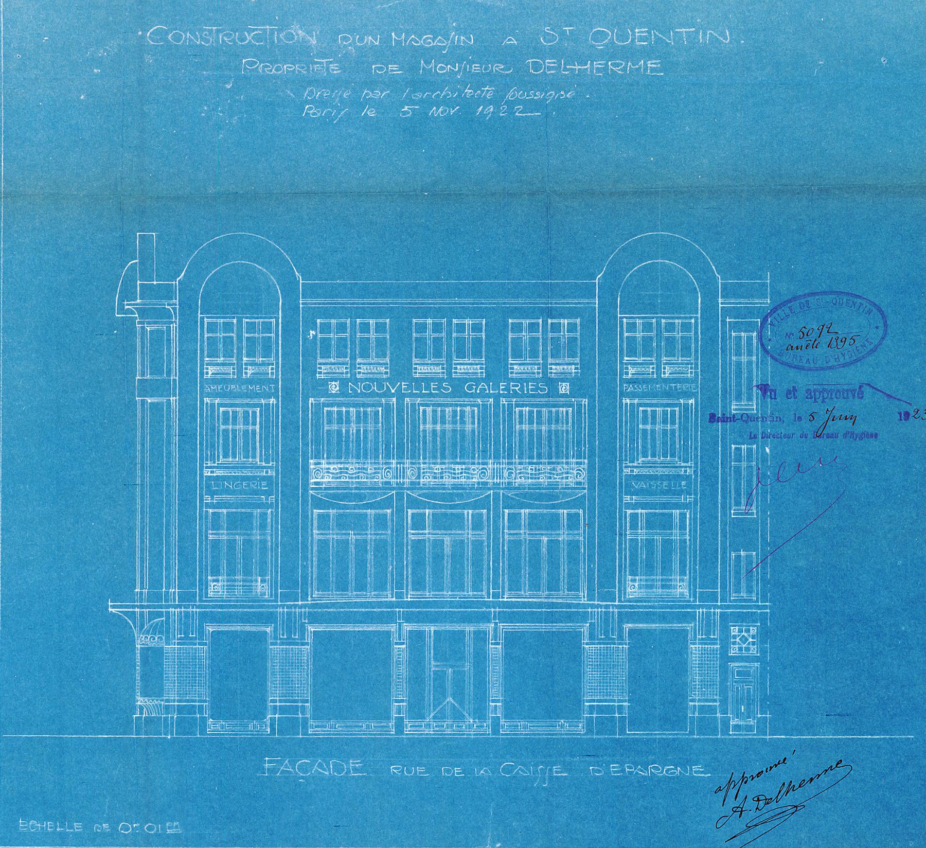 Élévation de la façade rue Anatole France, 5 novembre 1922 (Archives municipales de Saint-Quentin).