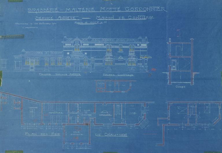 Brasserie-malterie Motte-Cordonnier. Service annexe. Maison de concierge. Coupes, élévation. Plan de l'architecte Georges Forest, 20 décembre 1920 (coll. part. Motte).