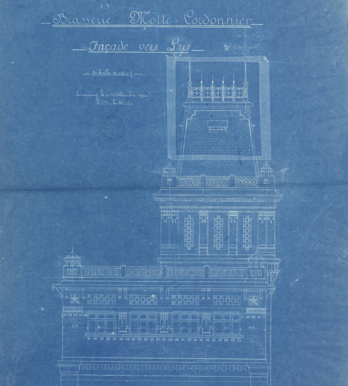 Brasserie-Malterie Motte-Cordonnier. Façade vers la lys. Plan de l'architecte Georges Forest du 10 décembre 1920 (coll. part. Motte).