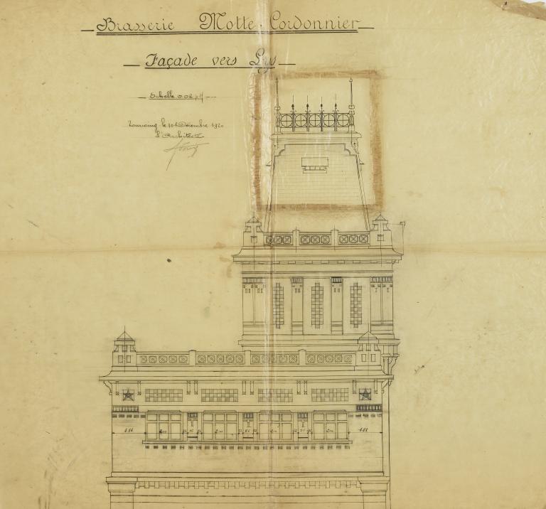 Brasserie-malterie Motte-Cordonnier. Façade vers la Lys. Plan de l'architecte Georges Forest, 10 décembre 1920 (coll. part. Motte).