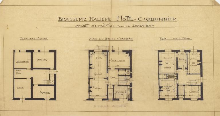 Propriété de M. René Motte. Pojet d'habitation pour le directeur, rue Bayart. Plans des caves, rez-de-chaussée et étage [sans date, sans signature] (coll. part. Motte).