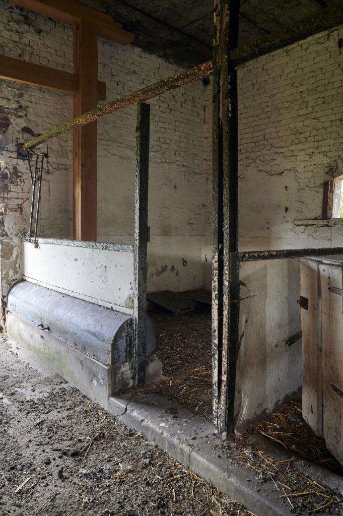 Détail d'un enclos de porcherie et de sa mangeoire.