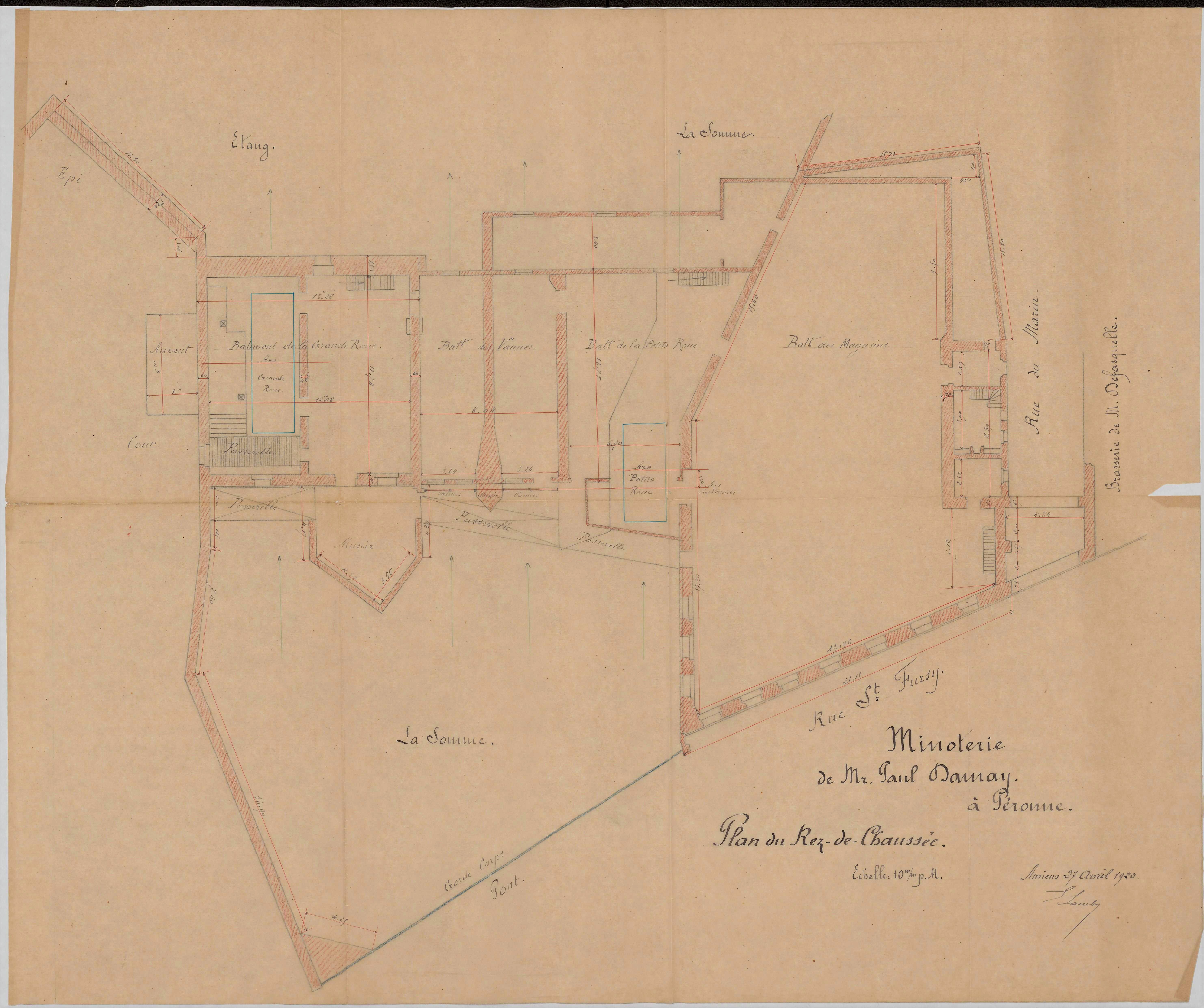 Minoterie de M. Paul Damay à Péronne. Plan du rez-de-chaussée. État en 1920 (AD Somme ; 10 R 1013).