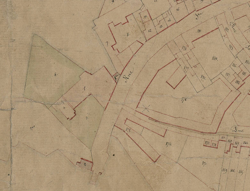 Extrait du cadastre napoléonien. Section B. Moulin : parcelles 3 à 6. Logement patronal : parcelle 876 (AD Somme ; 3 P 2065/4).