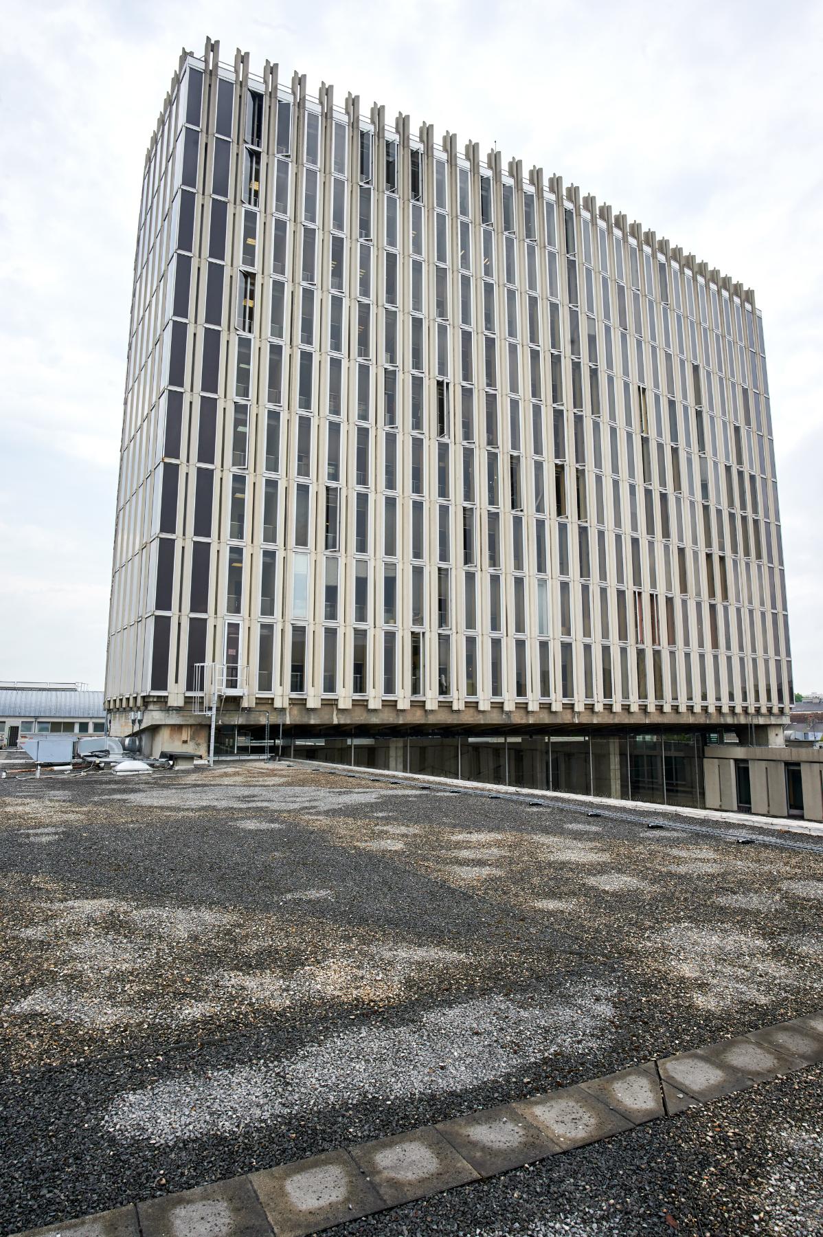Façade sud de la tour, vue prise depuis le toit-terrasse du bâtiment bas.