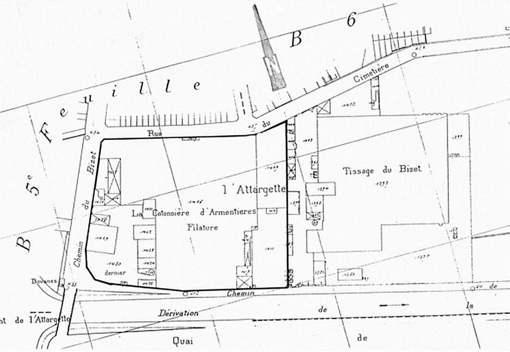 La Cotonnière d'Armentières sur un extrait du plan cadastral d'Armentières de 1935 (section B12) (AD Nord ; P31/178).
