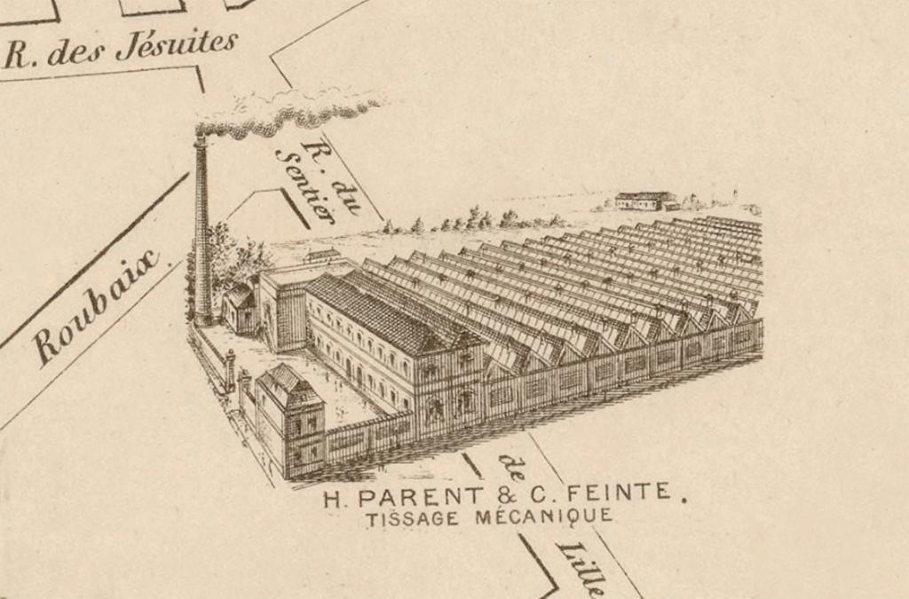 Tissage mécanique H. Parent et C. Feinte sur le plan monumental commercial et industriel d'Armentières, 1893 (Plan monumental d'Armentières commercial et industriel, publié par l'administration des plans monumentaux de France, 1893 [en ligne] (Armentières : E. Cado, 1893)).