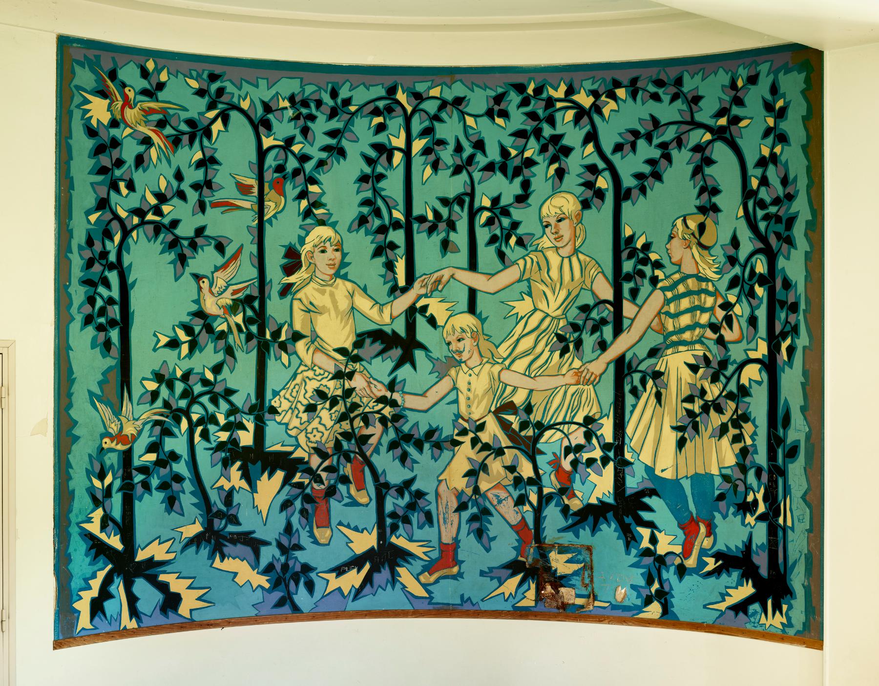 Ronde de jeunes filles, gouache marouflée sur toile, dans le hall de l'internat des filles, bâtiment B du lycée Pierre-d'Ailly.