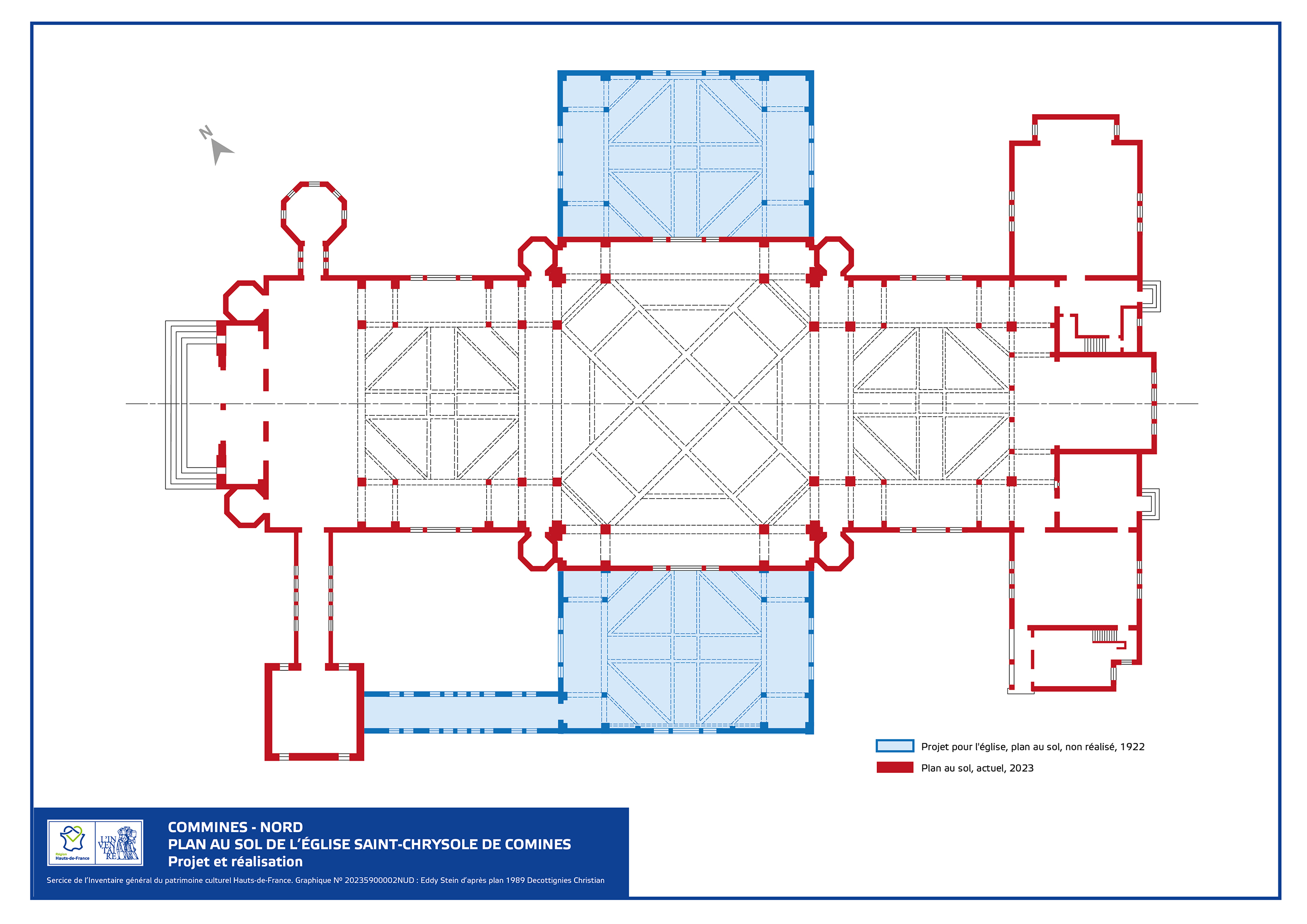 Plan au sol de l'église de Comines, projet non réalisé (1922), établi d'après Christian Decotignie (1989).