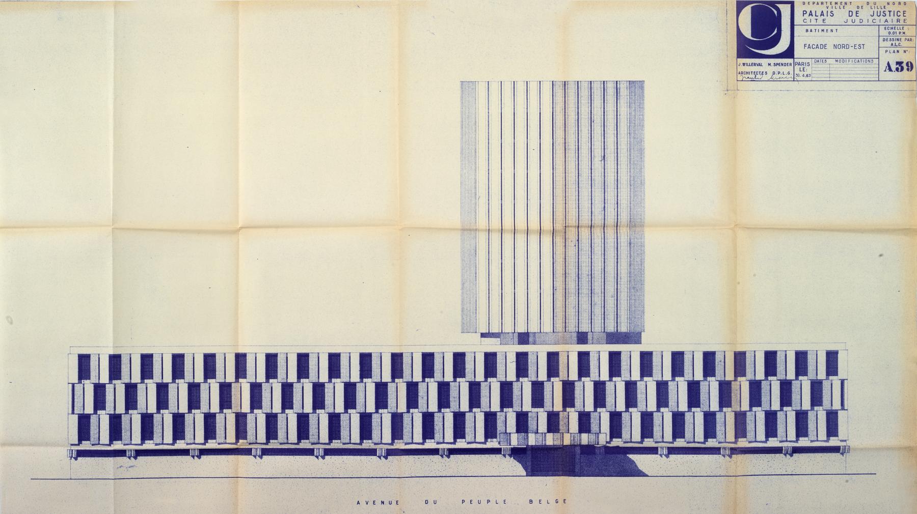 Élévation de la façade nord-est du palais de justice, plan A39, 30 avril 1963 (AD Nord : 1348 W 2).