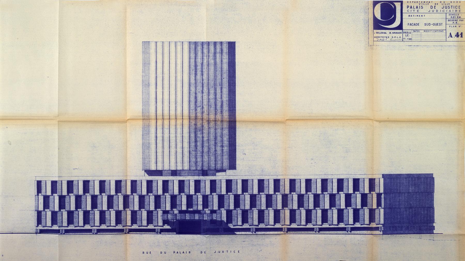 Élévation de la façade sud-ouest, plan A41, 30 avril 1963 (AD Nord : 1348 W 2).