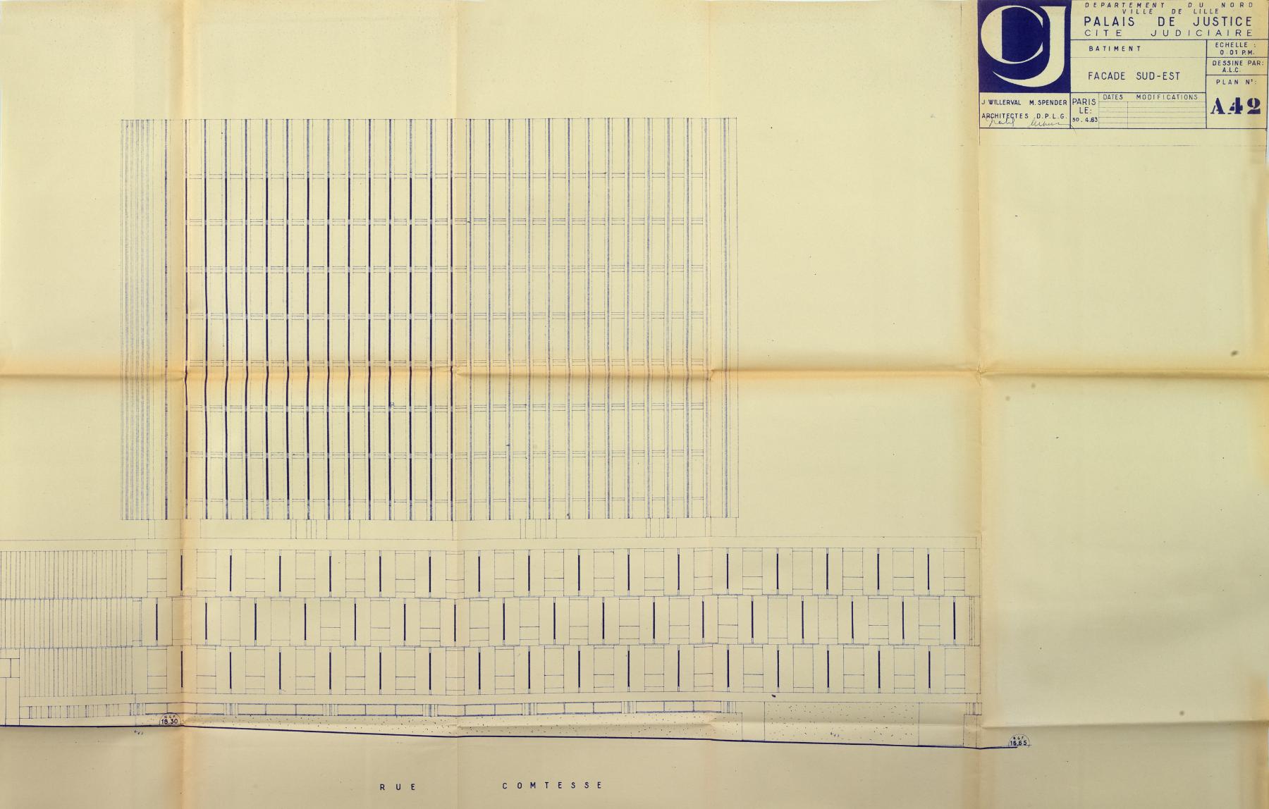 Élévation de la façade sud-est, plan A42, 30 avril 1963 (AD Nord : 1348 W 2).
