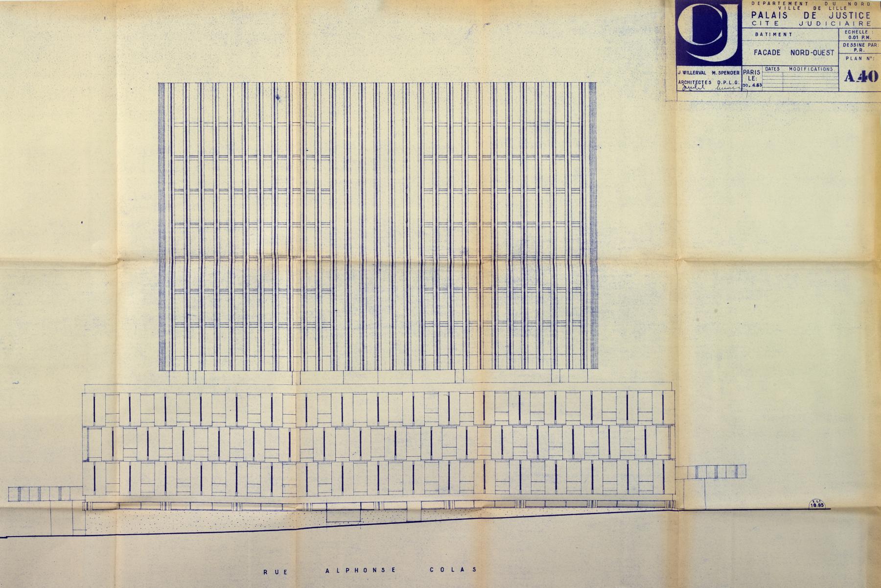 Élévation de la façade nord-ouest du palais de justice de Lille, plan A40, 30 avril 1963 (AD Nord : 1348 W 2).