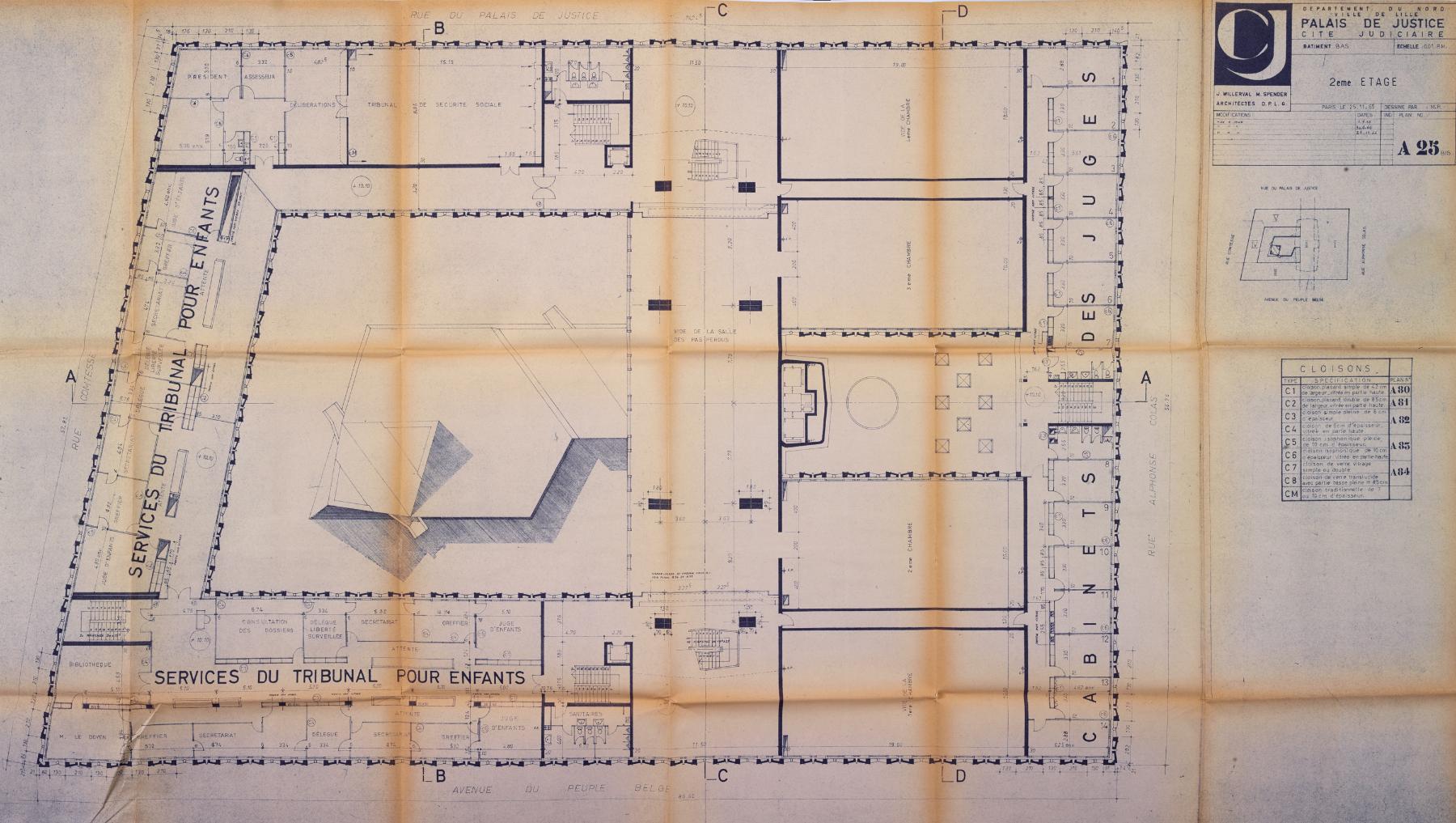 Plan détaillé du deuxième étage du palais de justice de Lille, plan 25bis, 25 novembre 1965 mis à jour en 1966 (AD Nord : 1348 W 2).