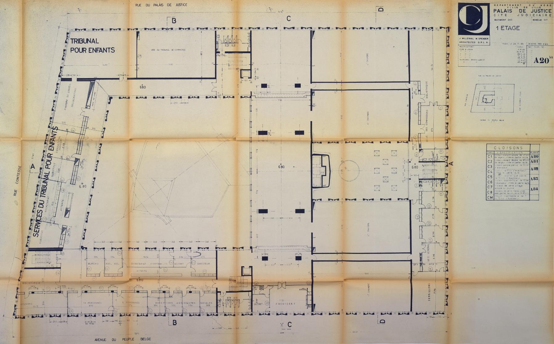Plan détaillé du premier étage du palais de justice de Lille, plan 25bis, 25 novembre 1965 mis à jour en 1966 (AD Nord : 1348 W 2).