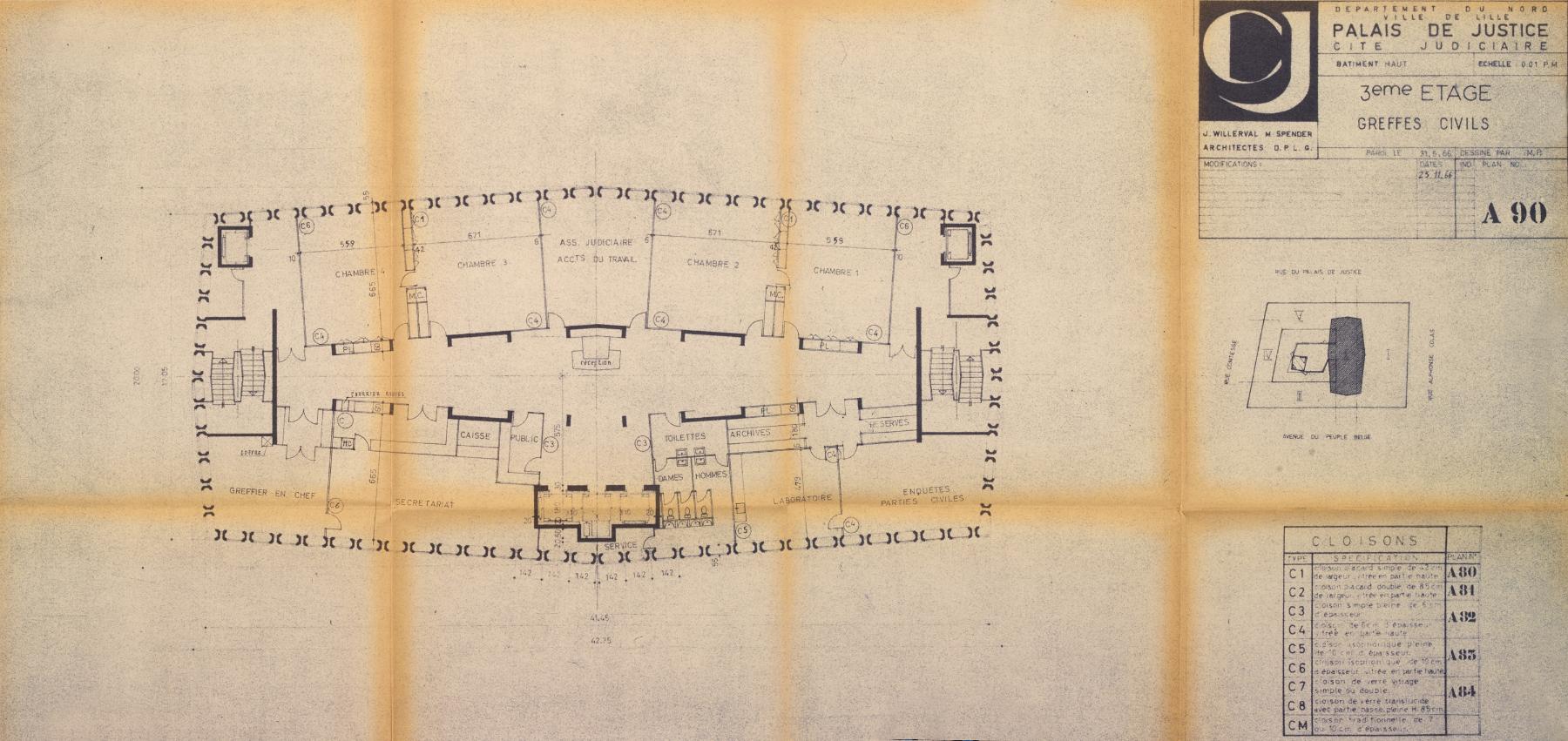 Plan détaillé du troisième étage du palais de justice de Lille, plan A90, 31 mai 1966 (AD Nord : 1348 W 2).