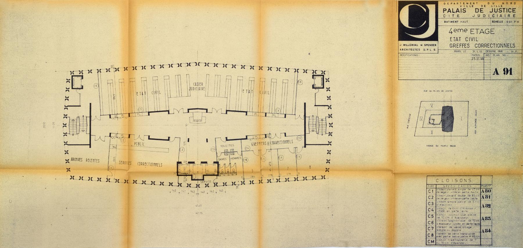 Plan détaillé du quatrième étage, dédié à l'état civil et au greffes. Plan n°A91. 31 mai 1965 (AD Nord : 1348 W 2).