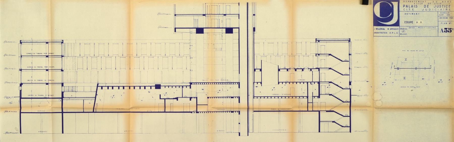 Coupe longitudinale A-A'. Plan n° A35b. 30 avril 1963 (AD Nord : 1348 W 2).