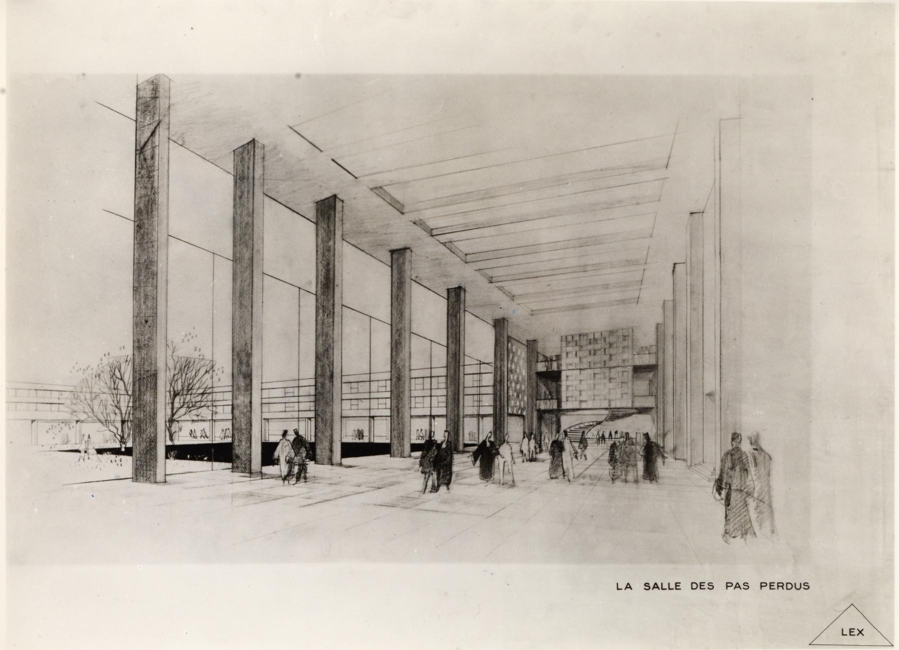 Projet de la salle des pas perdus pour le concours du palais de justice de Lille. Jean Willerval et Marcel Spender, architectes. 1957 (AD Nord : 304 W 113122).