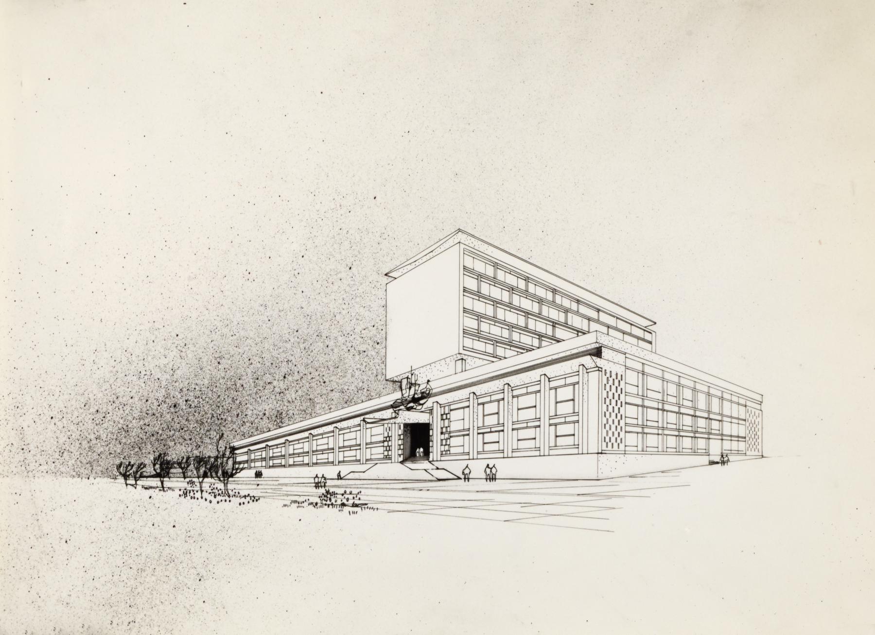 Vue perspective depuis l’angle sud-est pour le concours du palais de justice de Lille. Jean Willerval et Marcel Spender, architectes. 1957 (AD Nord : 304 W 113122).
