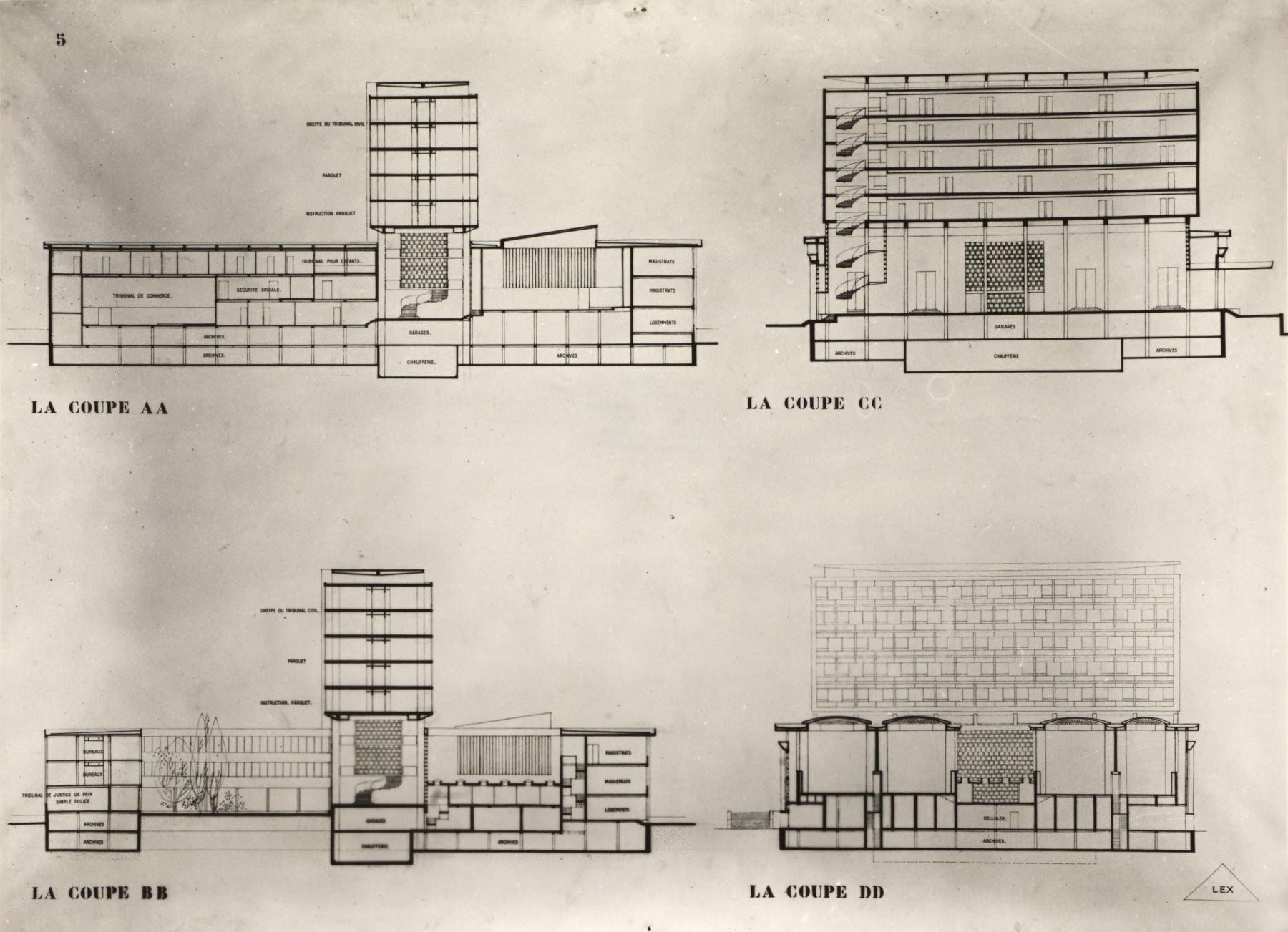 Coupes transversales et longitidinales pour le projet de palais de justice de Lille. Jean Willerval et Marcel Spender, architectes. 1957 (AD Nord : 304 W 113122).