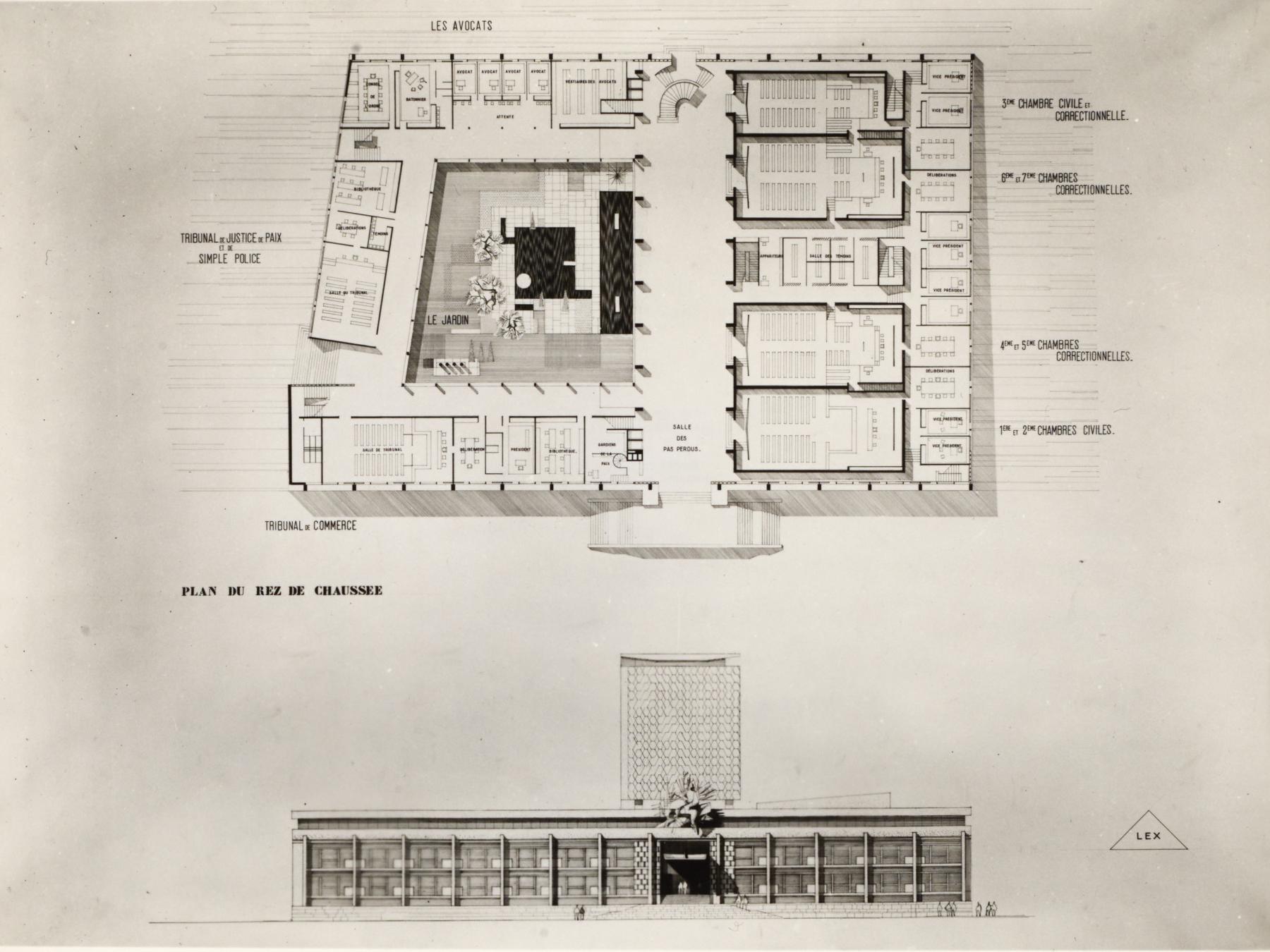 Plan et élévation donnant sur l'avenue du Peuple-Belge pour le concours du palais de justice de Lille. Jean Willerval et Marcel Spender, architectes. 1957 (AD Nord : 304 W 113122).