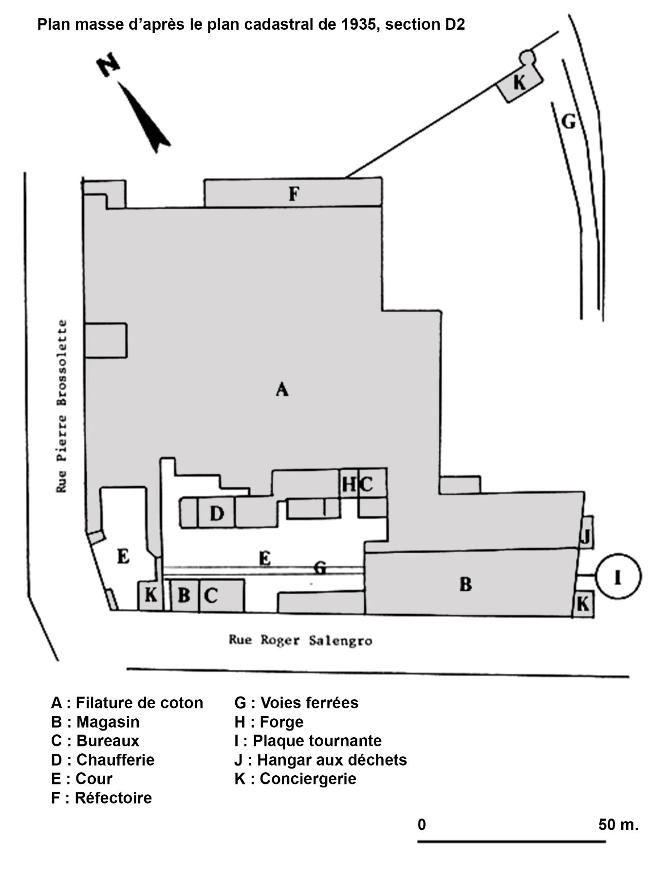 Plan masse d'après un extrait du plan cadastral de 1935, section D2 (AD Nord ; P31/178).