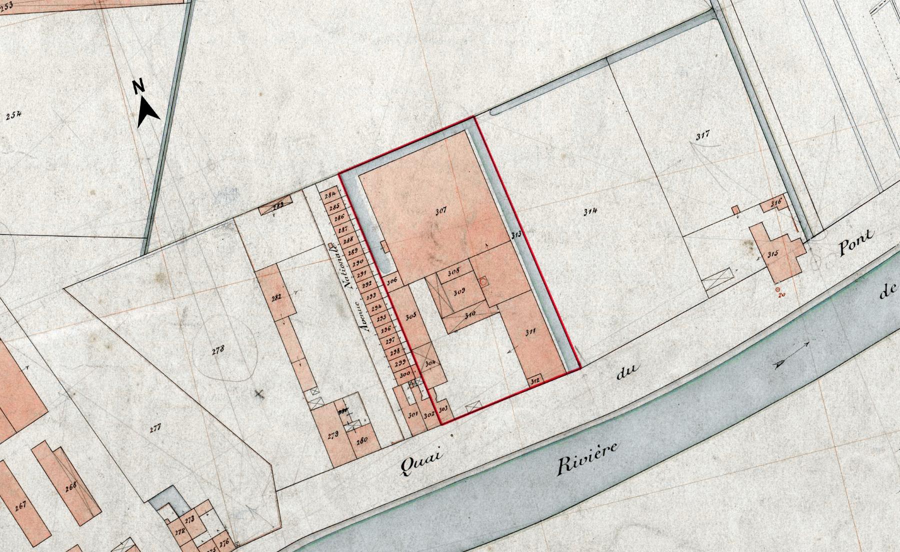 Le tissage (liseré rouge) sur un extrait du plan cadastral d'Armentières de 1888 (section B1) (AD Nord ; P31/178).
