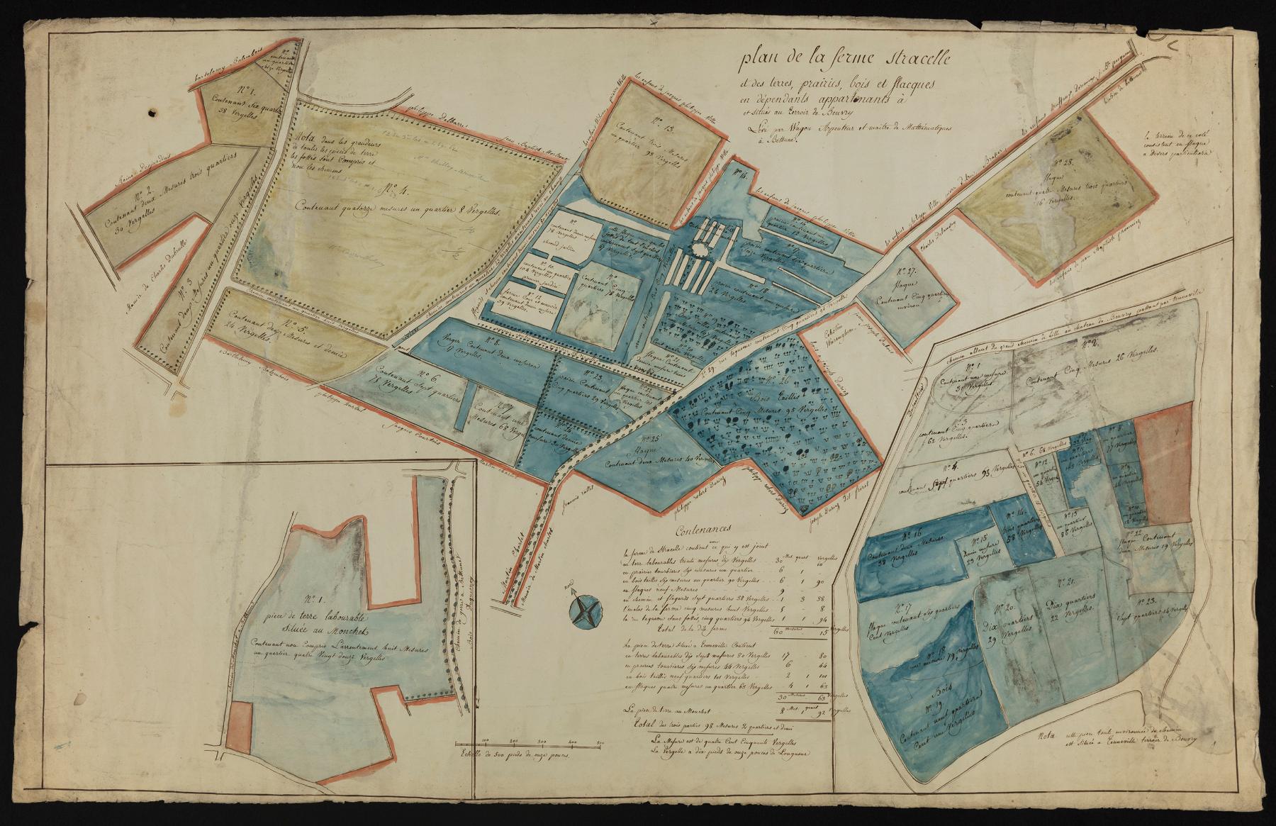 "Plan de la ferme de Stracelle et des terres prairies, bois et flacques en dépendants", XVIIIe siècle (AD Pas-de-Calais ; 2 Fi 21).