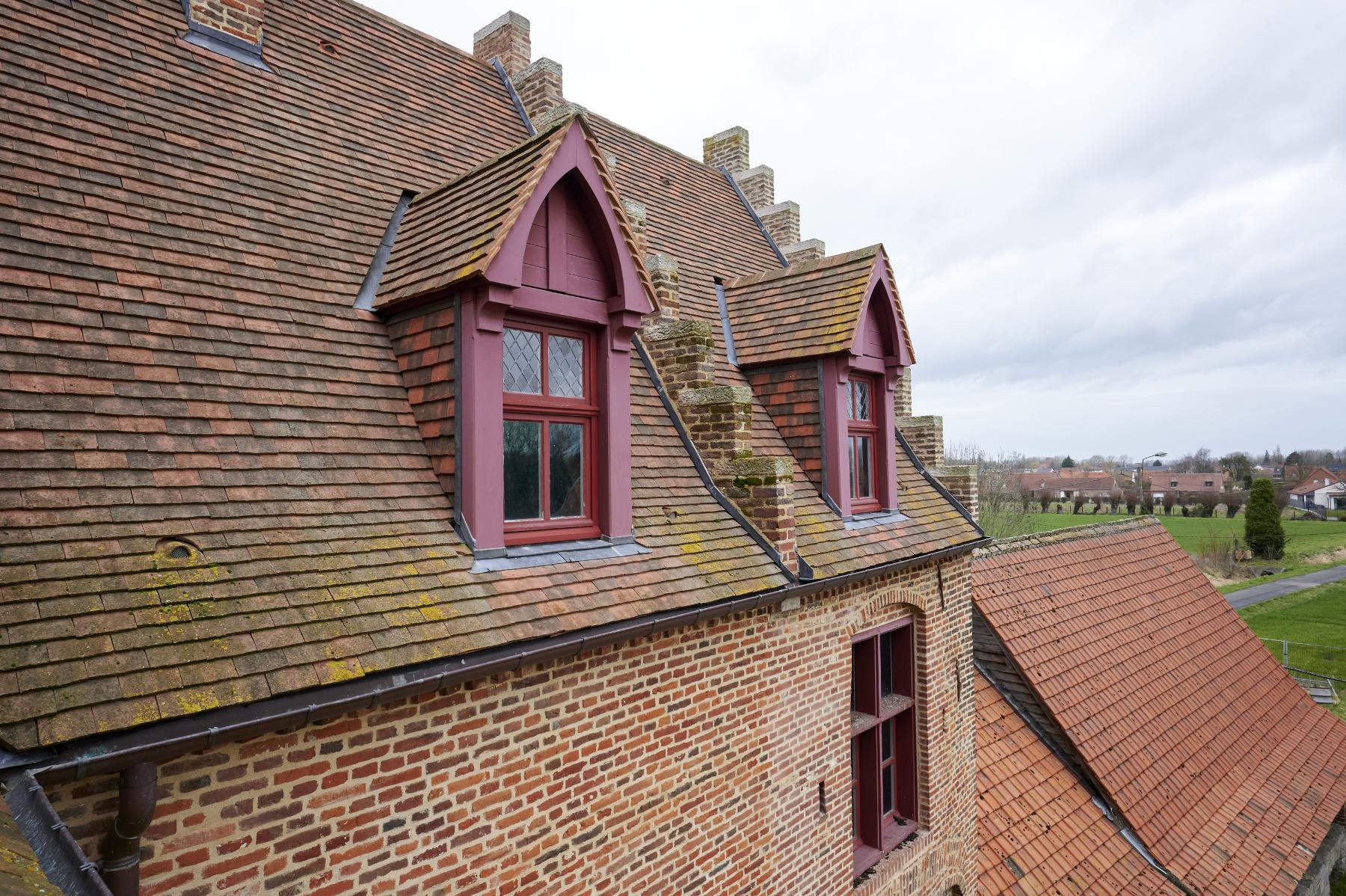 Détail des lucarnes présentes sur la tour porche et le logis du XVIe siècle.