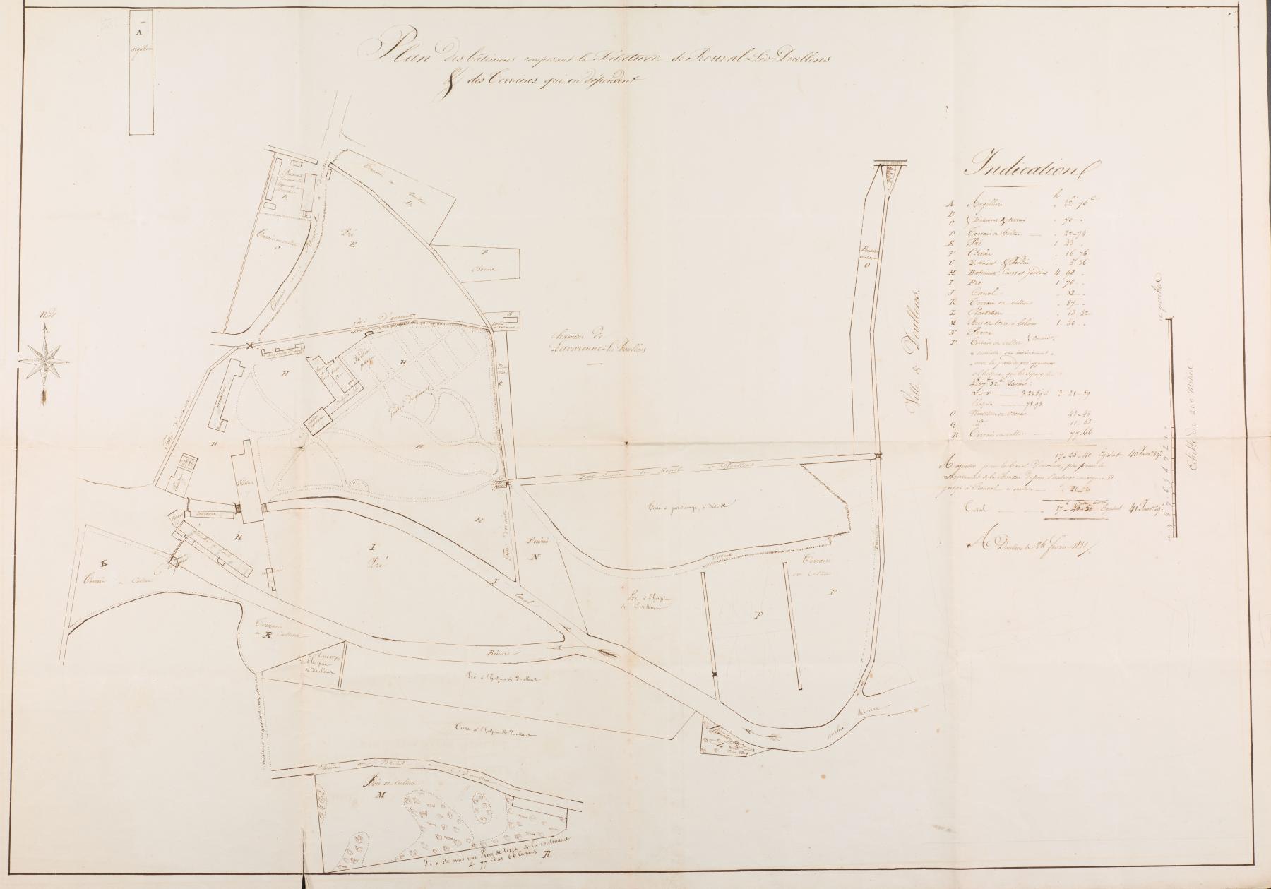 Plan des bâtiments composant la filature de Rouval-lès-Doullens et des terrains qui en dépendent. (AD Hérault ; 167 J 10).