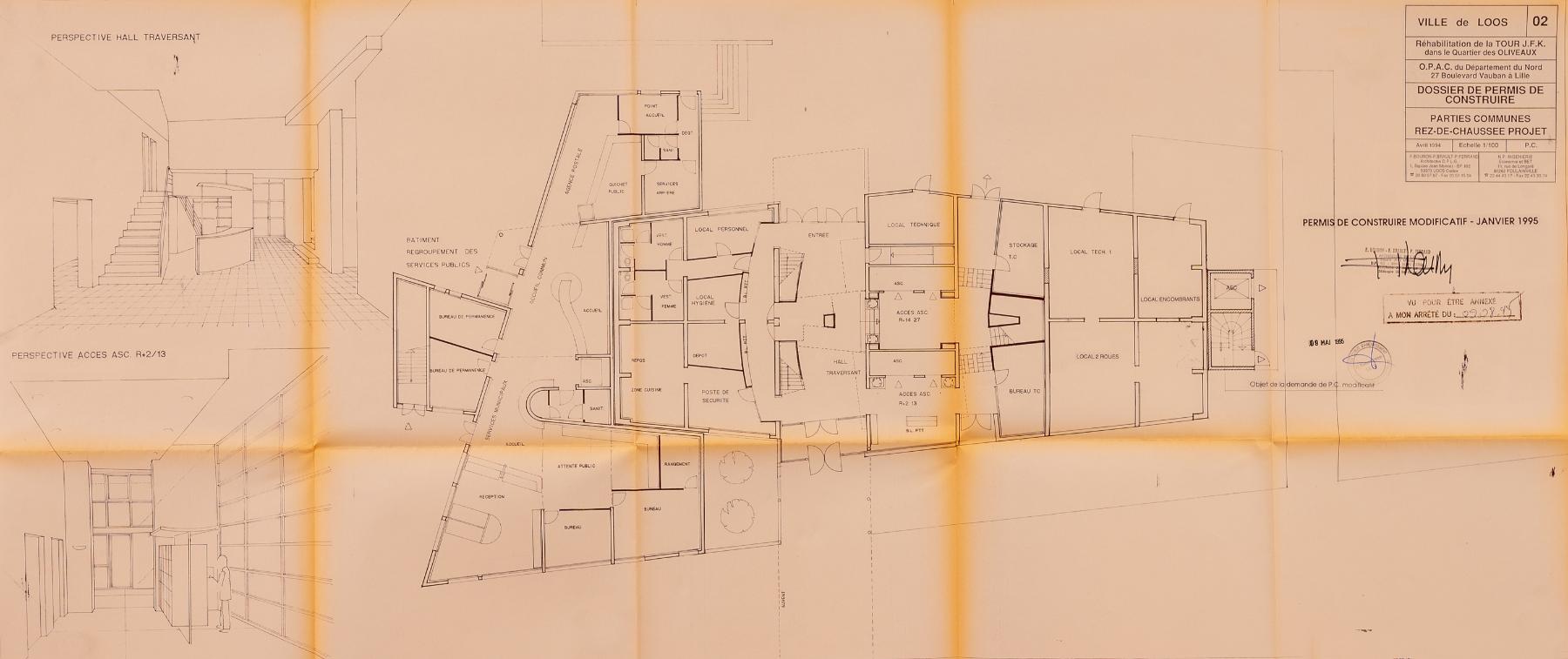 Plan du rez-de-chaussée de la tour Kennedy réhabilitée, et perspectives du hall et des accès, janvier 1995, F. Bouron, F. Brault, P. Ferrand (arch.) (AC Loos-les-Lille ; 1.778.511).