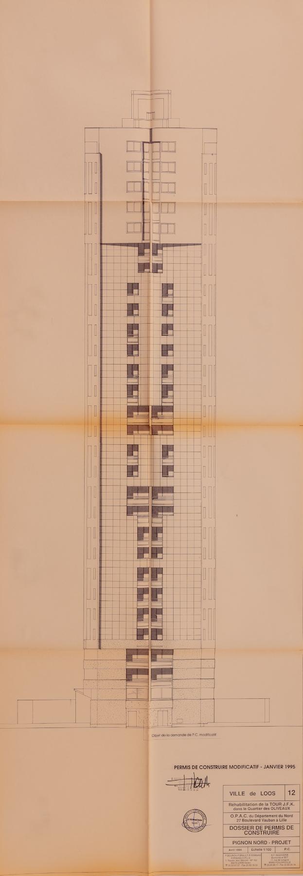 Façade nord de la tour Kennedy réhabilitée, janvier 1995, F. Bouron, F. Brault, P. Ferrand (arch.) (AC Loos-les-Lille ; 1.778.511).