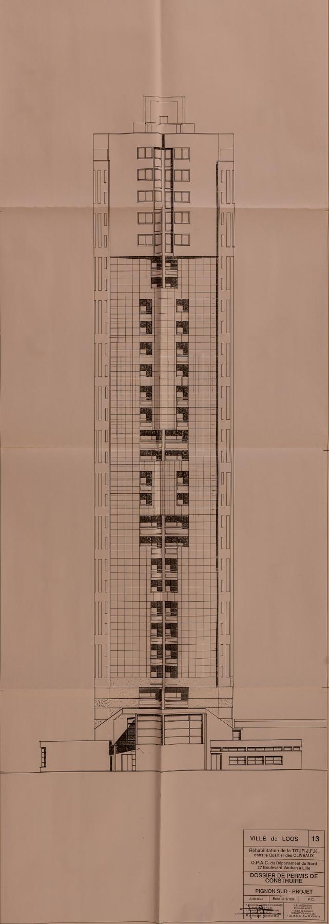 Façade sud de la tour Kennedy réhabilitée, janvier 1995, F. Bouron, F. Brault, P. Ferrand (arch.) (AC Loos-les-Lille ; 1.778.511).