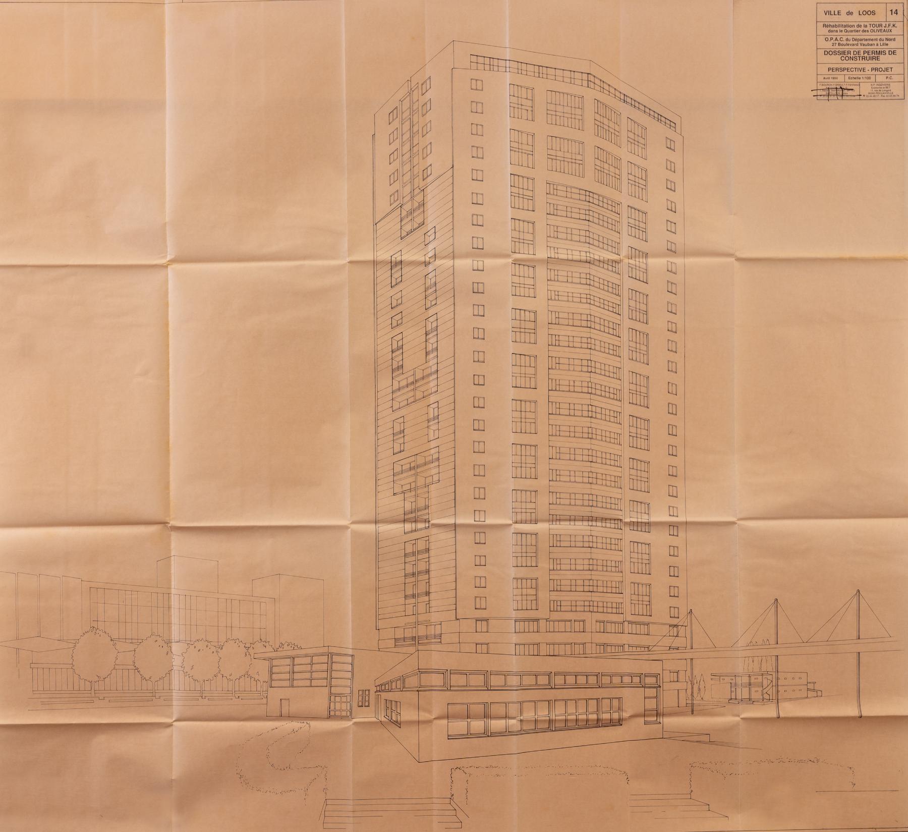 Perspective de la tour Kennedy réhabilitée, janvier 1995, F. Bouron, F. Brault, P. Ferrand (arch.) (AC Loos-les-Lille ; 1.778.511).