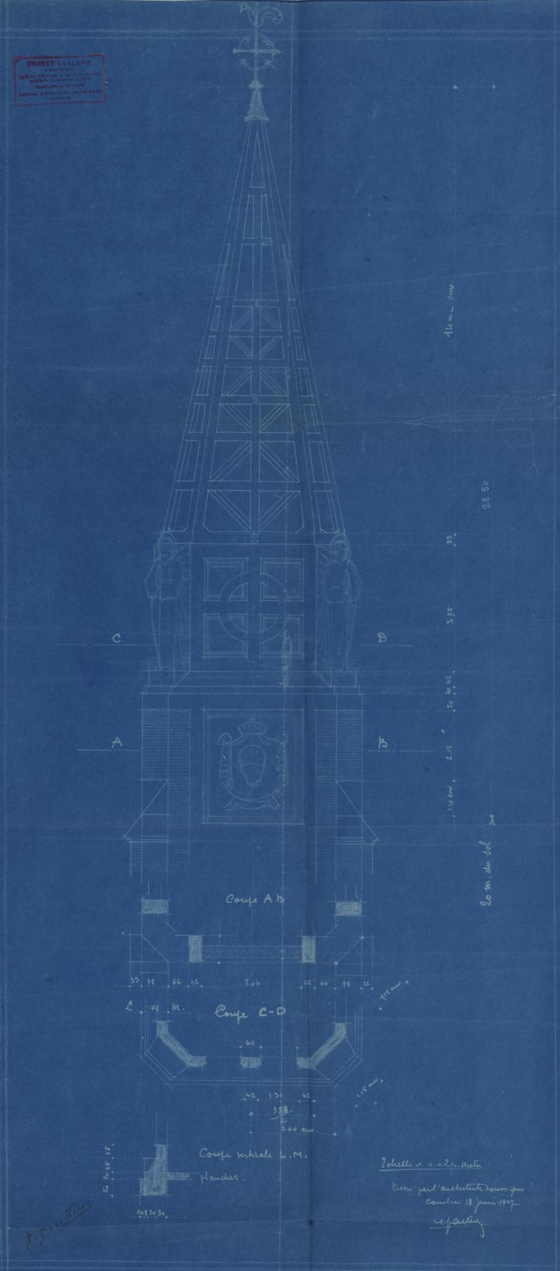 Projet de clocher de l'église de Fontaine-Notre-Dame, signé et daté 18 juin 1927 (AD Nord ; 2 O 240-120). 