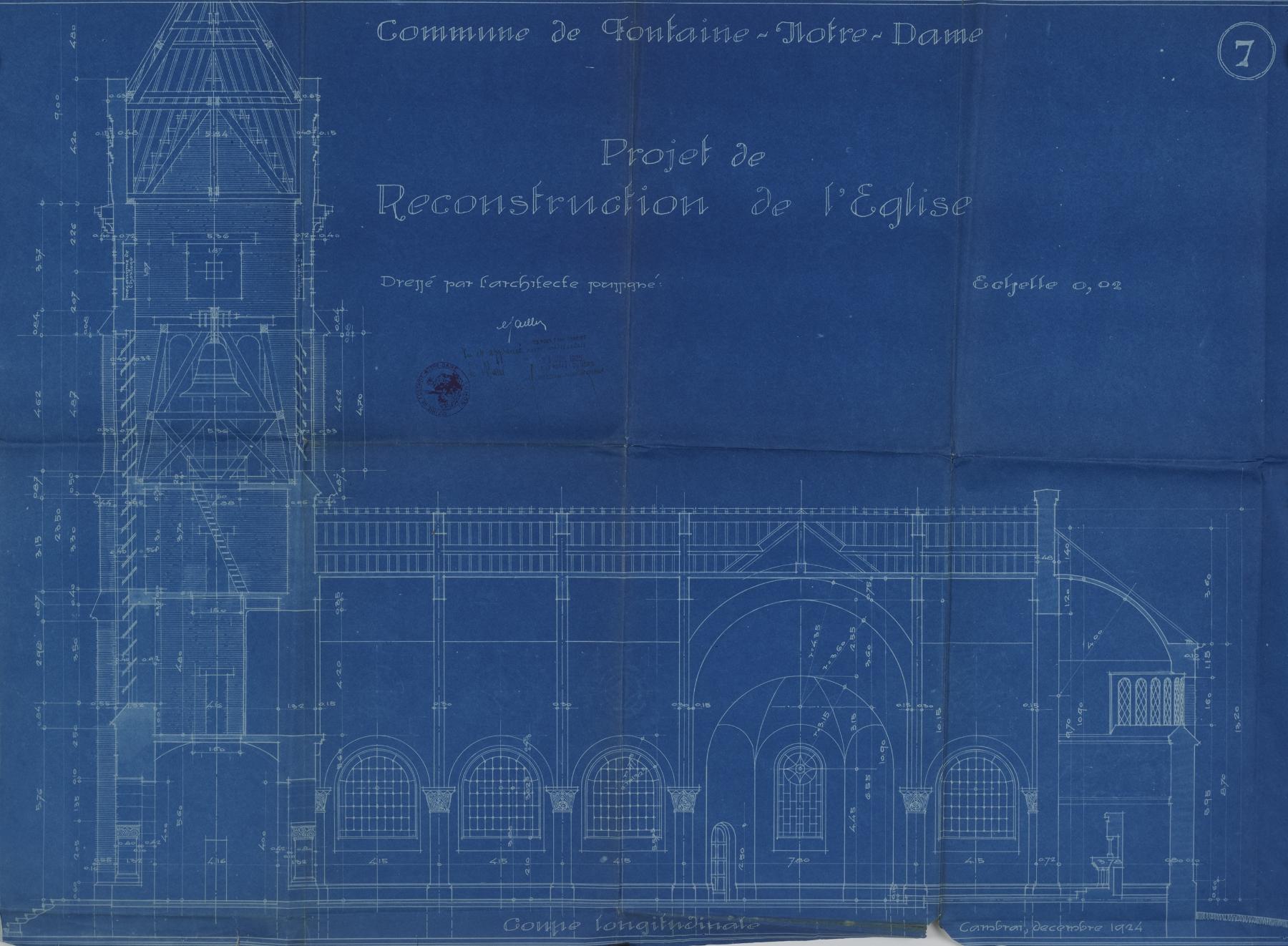 Commune de Fontaine-Notre-Dame. Projet de reconstruction de l'église. Coupe longitudinale signée et datée décembre 1924 (AD Nord ; 2 O 240-120).