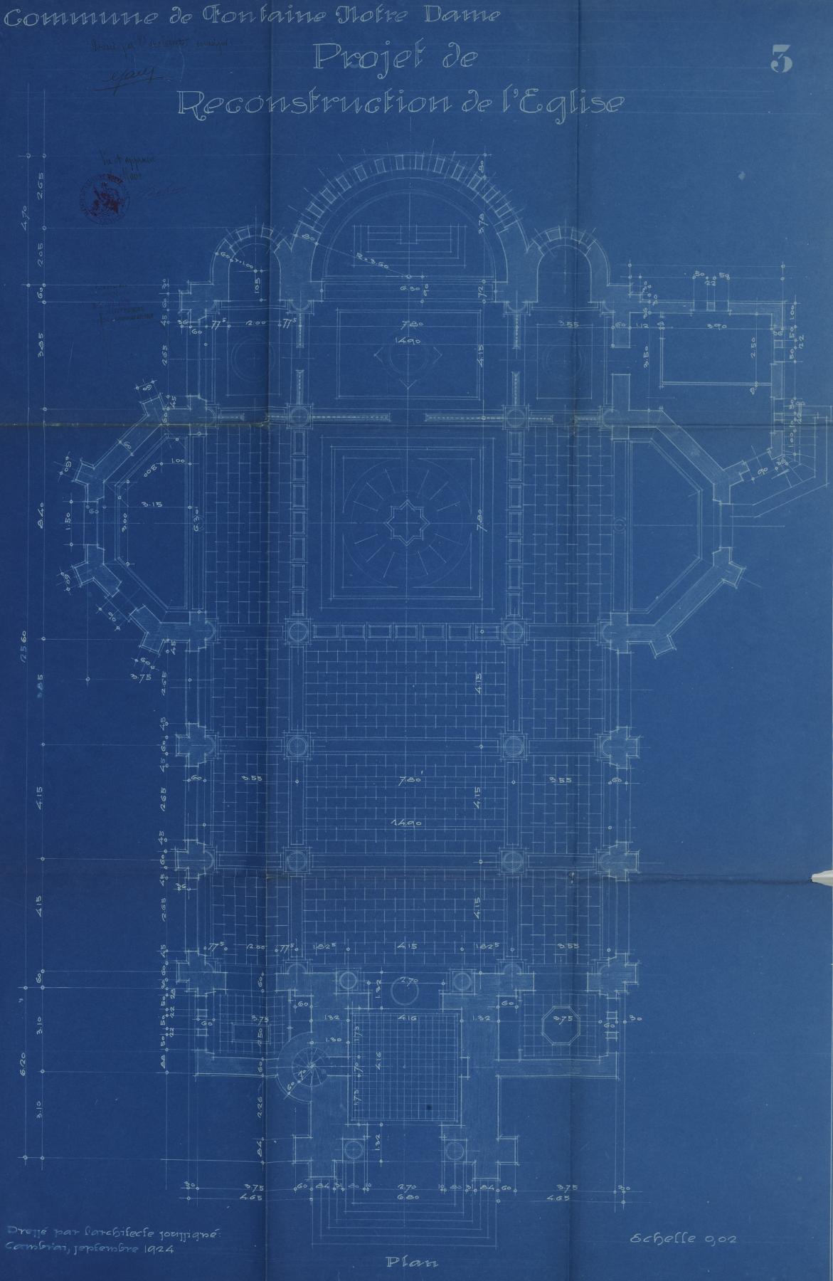 Commune de Fontaine-Notre-Dame. Projet de reconstruction de l'église. Plan signé et daté septembre 1924 (AD Nord ; 2 O 240-120). 