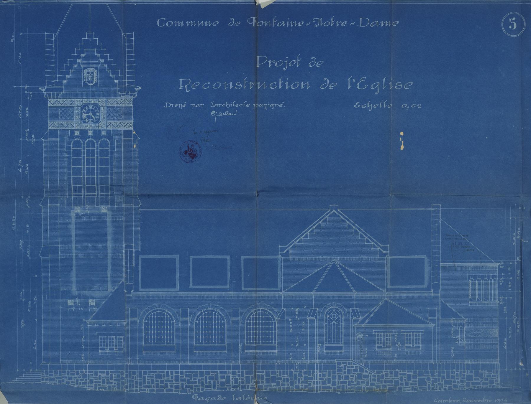 Commune de Fontaine-Notre-Dame. Projet de reconstruction de l'église. Élévation latérale, signée et datée décembre 1924 (AD Nord ; 2 O 240-120).
