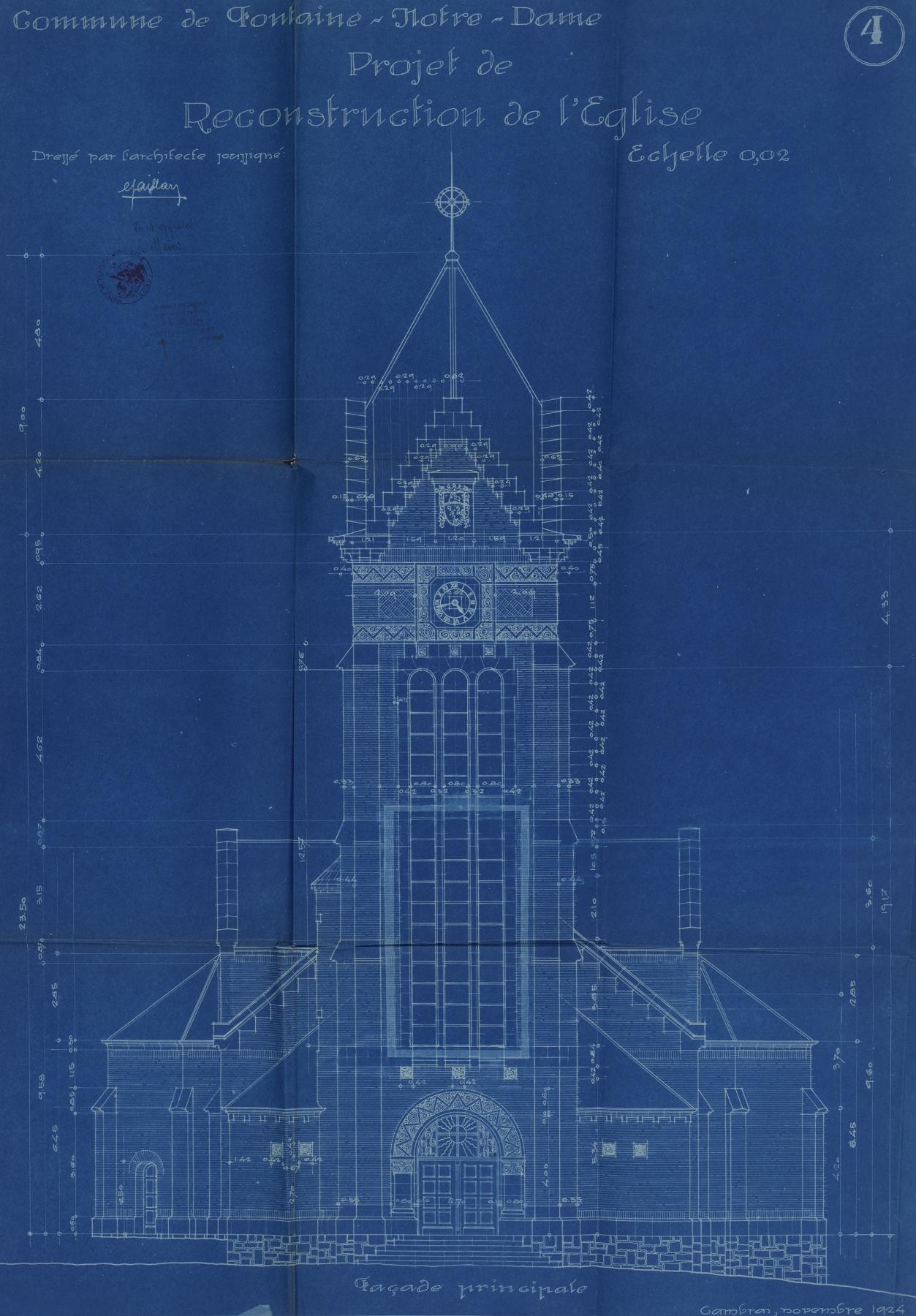 Commune de Fontaine-Notre-Dame. Projet de reconstruction de l'église. Élévation antérieure, signée et daté novembre 1924 (AD Nord ; 2 O 240-120). 