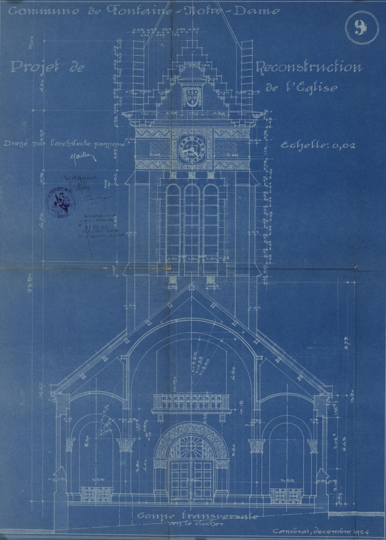 Commune de Fontaine-Notre-Dame. Projet de reconstruction de l'église. Coupe transversale vers le clocher, signée et datée décembre 1924 (AD Nord ; 2 O 240-120). 
