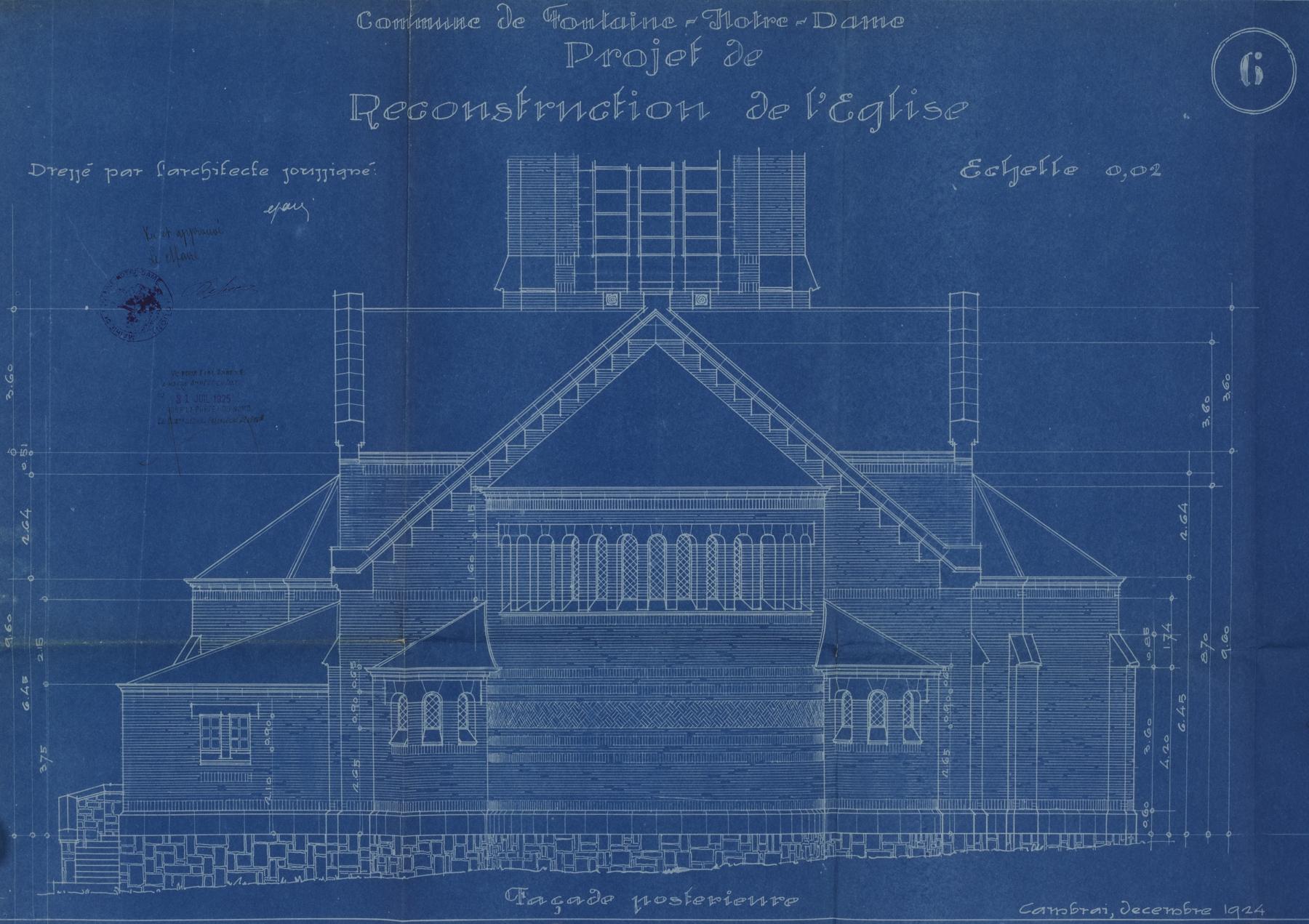 Commune de Fontaine-Notre-Dame. Projet de reconstruction de l'église. Élévation postérieure, signée et datée décembre 1924 (AD Nord ; 2 O 240-120).