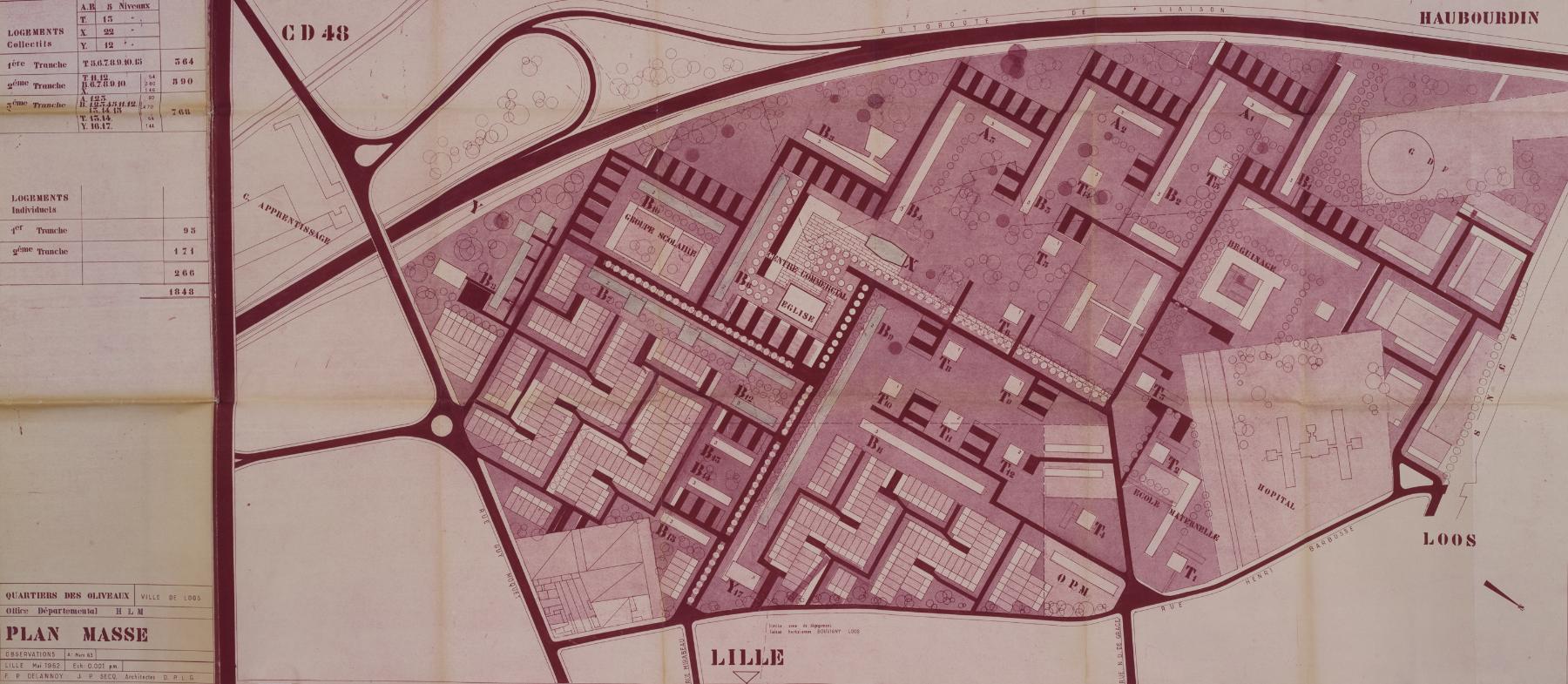 Plan masse du quartier des Oliveaux, mars 1963, F.-P. Delannoy et J.-P. Secq (arch.) (AD 59 ; 1465 W 66).