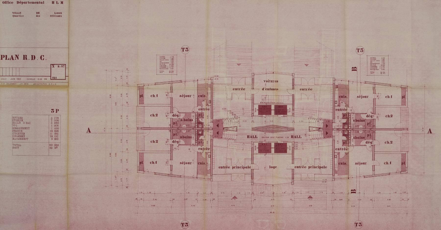 Plan du rez-de-chaussée de la tour Kennedy, juin 1963, F.-P. Delannoy et J.-P. Secq (arch.) (AD 59 ; 1465 W 66).