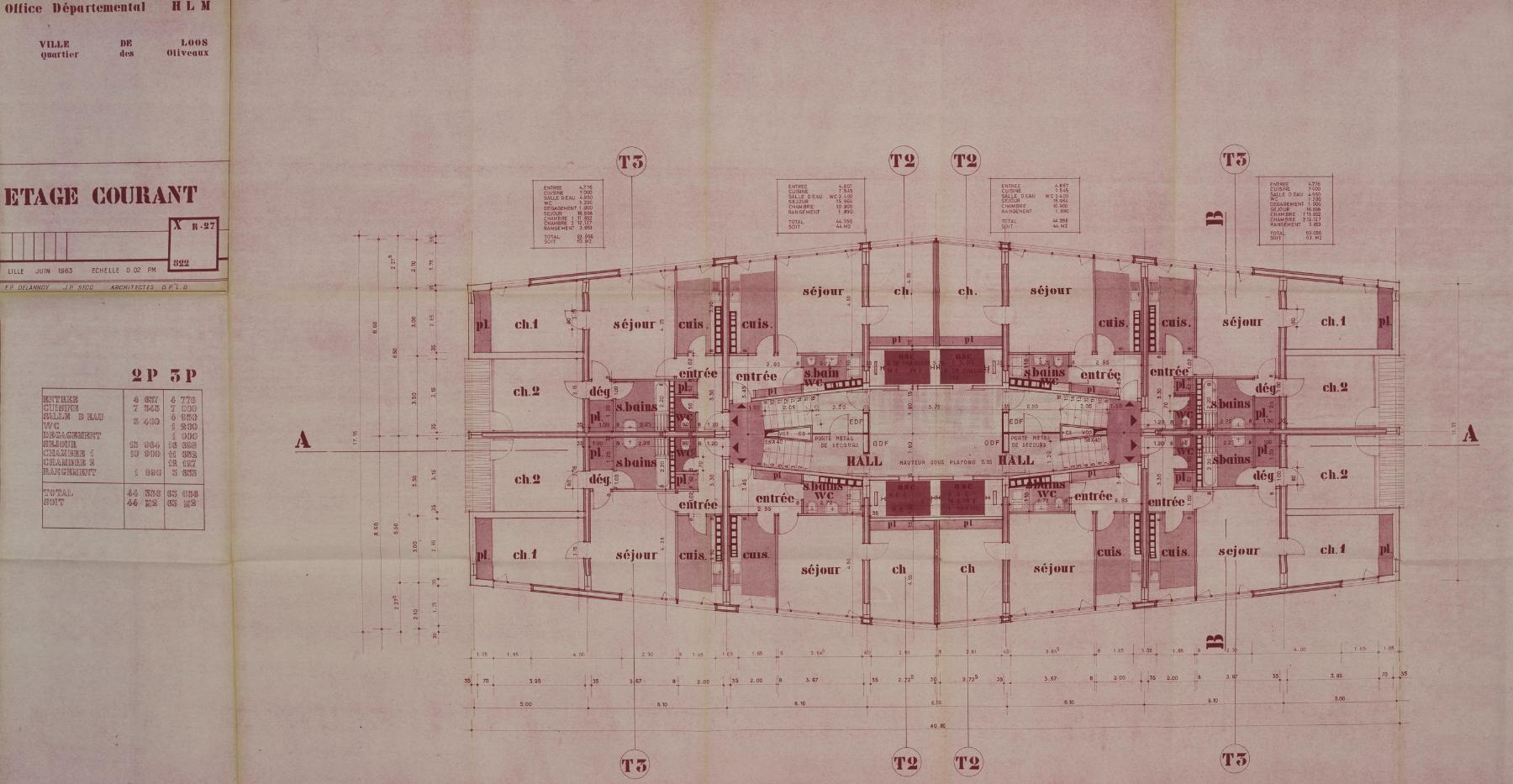 Plan d’un étage courant de la tour Kennedy, juin 1963, F.-P. Delannoy et J.-P. Secq (arch.) (AD 59 ; 1465 W 66).