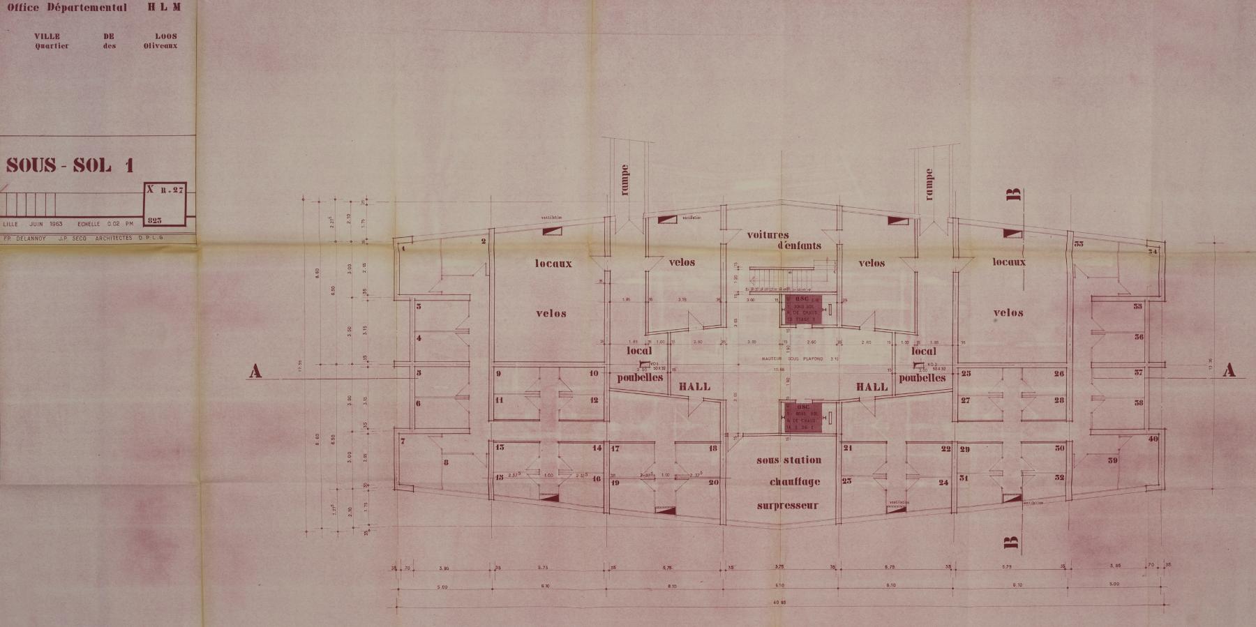 Plan du premier sous-sol de la tour Kennedy, juin 1963, F.-P. Delannoy et J.-P. Secq (arch.) (AD 59 ; 1465 W 66).